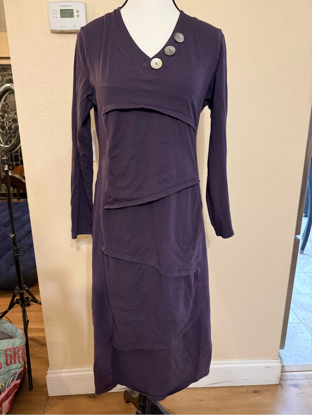 Neon Buddha Purple Asymmetrical Layered Panel V-Neck Button Boho Lagenlook Dress